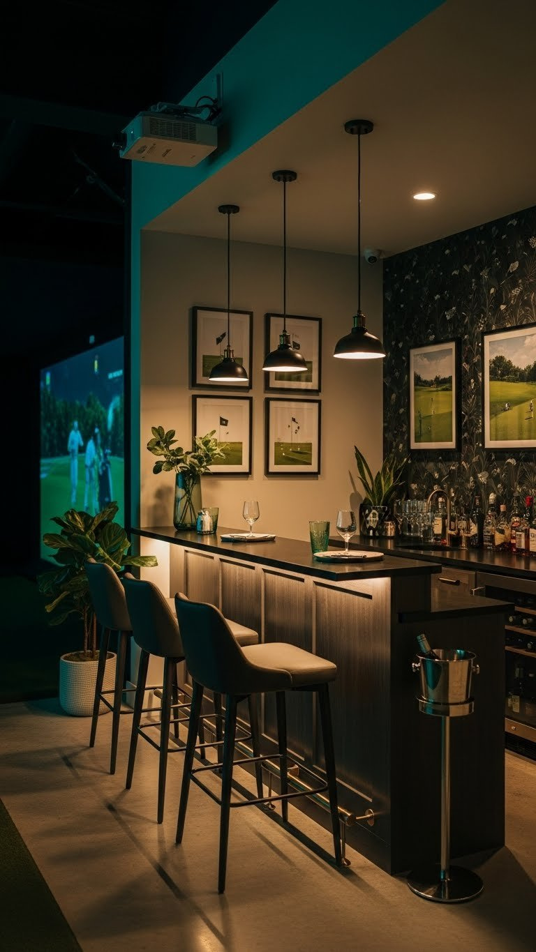 Golf Decor Ideas: 11 Ultimate Home Simulator Room Designs Stylish Golf Themed Bar Area With A Sleek Wet Bar, Golf-Themed Glassware, Spirits Display, And Comfortable Bar Stools.
