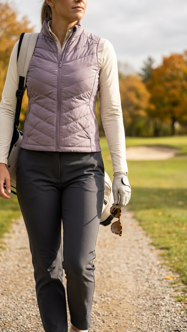 Modest Golfing Outfits For Women: 11 Chic Looks Stylish Golfer In Lavender Quilted Golf Vest, Cream Long Sleeve Shirt, Charcoal High Waist Pants, On Course Path.