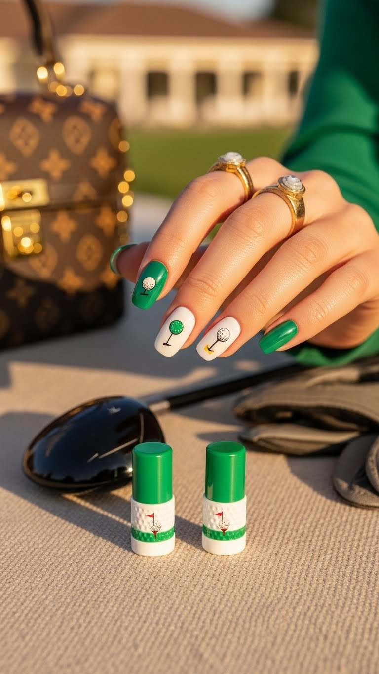 Stylish Hand Wearing Chic Golf-Themed Press-On Nails With Club Motifs On Linen Tablecloth Background