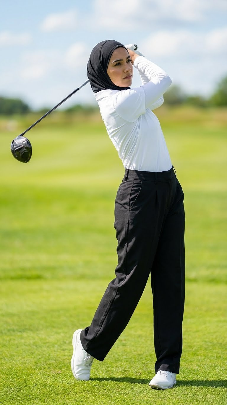 Stylish Hijabi Golfer In White Polo And Black Golf Trousers Mid-Swing On A Pristine Green Course, Showcasing Modest Golf Wear.
