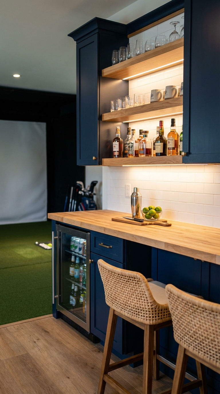 Stylish Home Bar With Navy Cabinet, Butcher Block Countertop, And Glassware In Coastal Golf Simulator Room