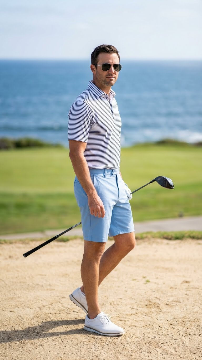 Stylish Male Golfer In Light Blue Golf Shorts, Striped Polo, Aviators, Holding A Club On A Coastal Golf Course.