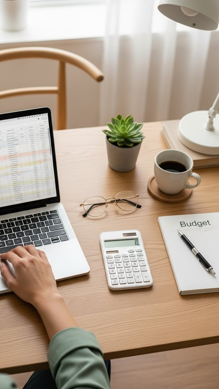 Stylish Modern Workspace Flat Lay With Financial Spreadsheet On Laptop, Calculator, And Minimalist Notebook For Budget Planning.