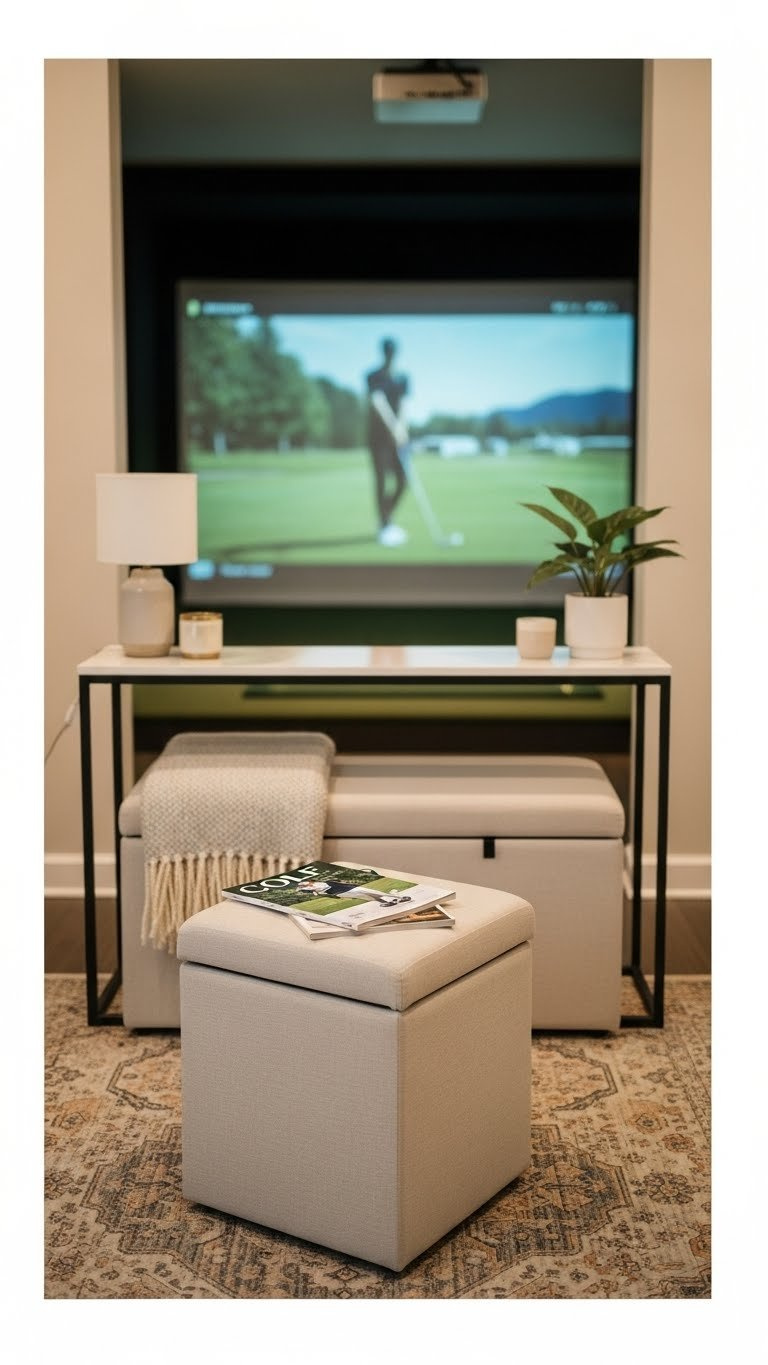 Stylish Multi-Purpose Storage Ottoman With Hidden Compartments In Compact Golf Simulator Room With Warm Natural Lighting