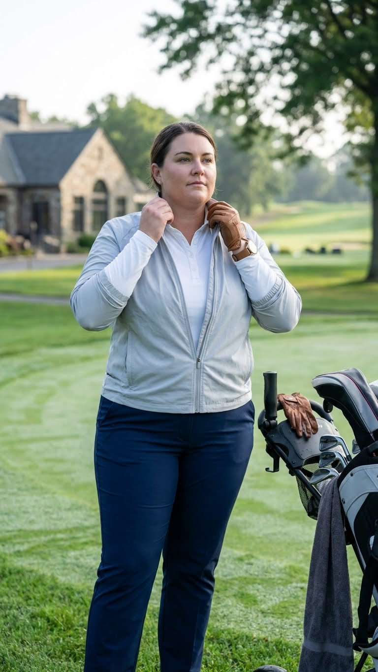 Golfing Outfits For Women Plus Size Master Effortless Style Stylish Plus-Size Woman In Navy Golf Pants, White Polo, Gray Jacket, Adjusting Collar On Cool Golf Morning.