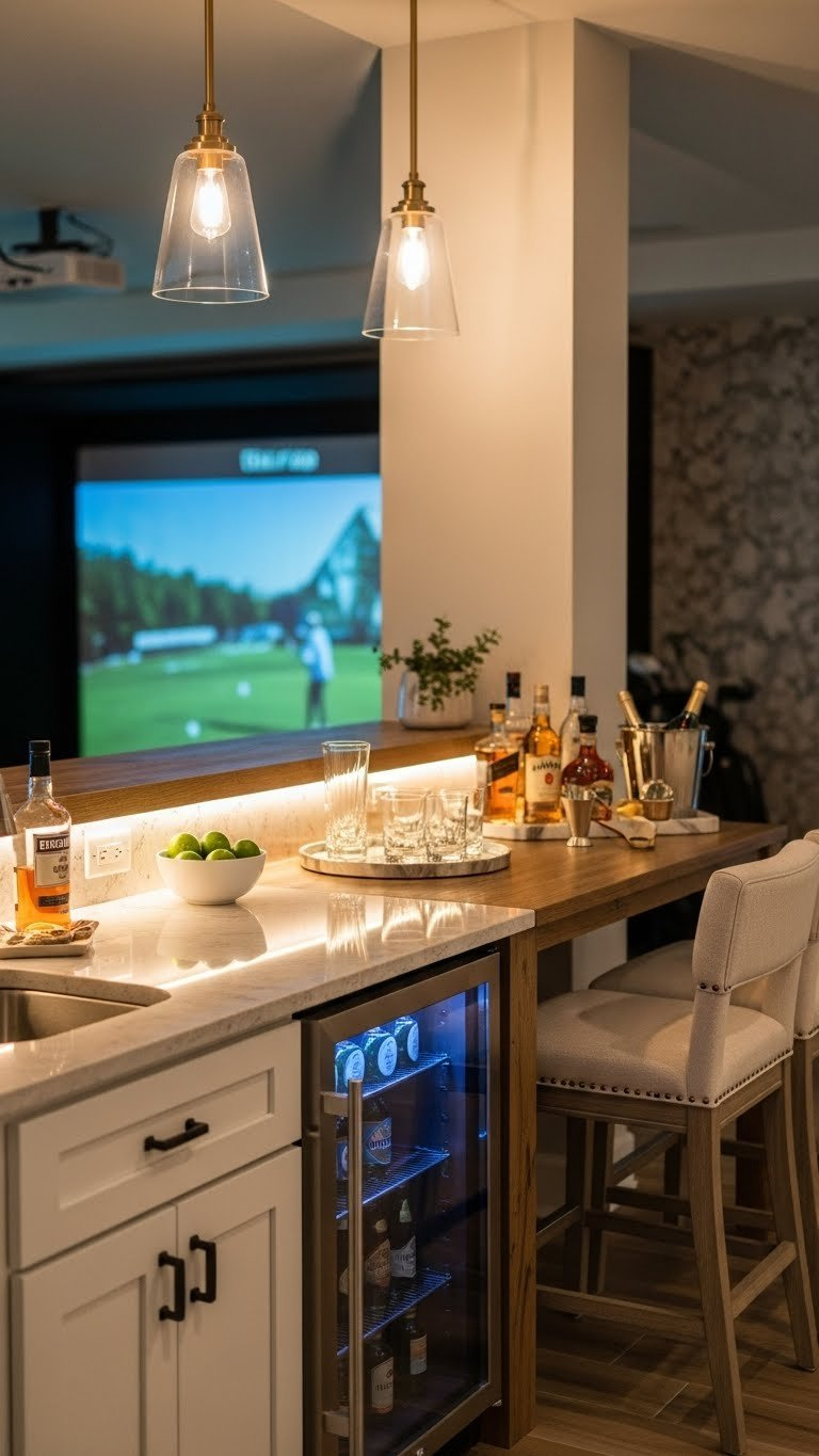 Stylish Wet Bar Area Within Golf Simulator Room Featuring Polished Countertop, Beverage Cooler, And Elegant Glassware Arrangement