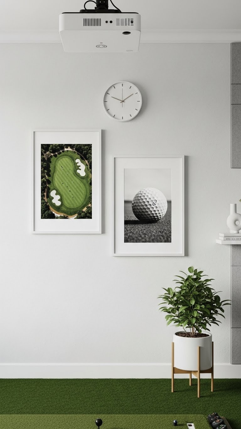 Subtle Golf-Themed Minimalist Wall Decor With Abstract Art And Black-And-White Photography On Clean Light-Colored Walls.