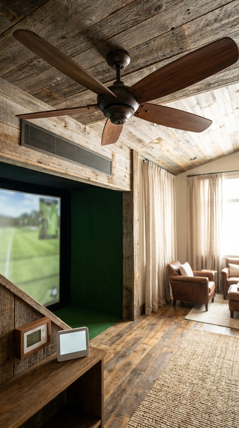 Rustic Golf Simulator Room: Expert Planning &Amp; Design Subtle Ventilation System In Rustic Golf Simulator Room Featuring Discreet Ceiling Fan And Air Vent On Wood Wall