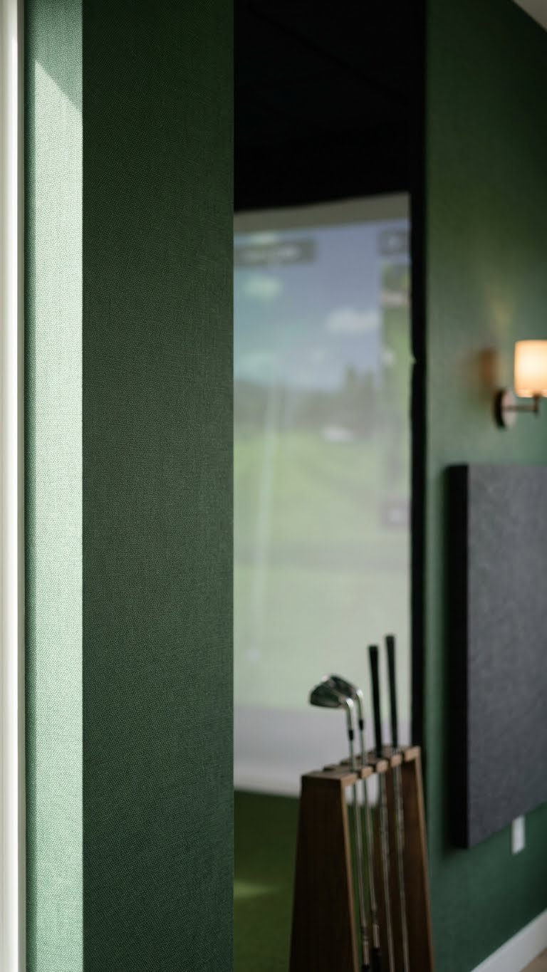 Subtly Textured Deep Green Anti-Glare Wallpaper In A Home Golf Simulator Room, Providing Enhanced Visibility And A Sophisticated Aesthetic.