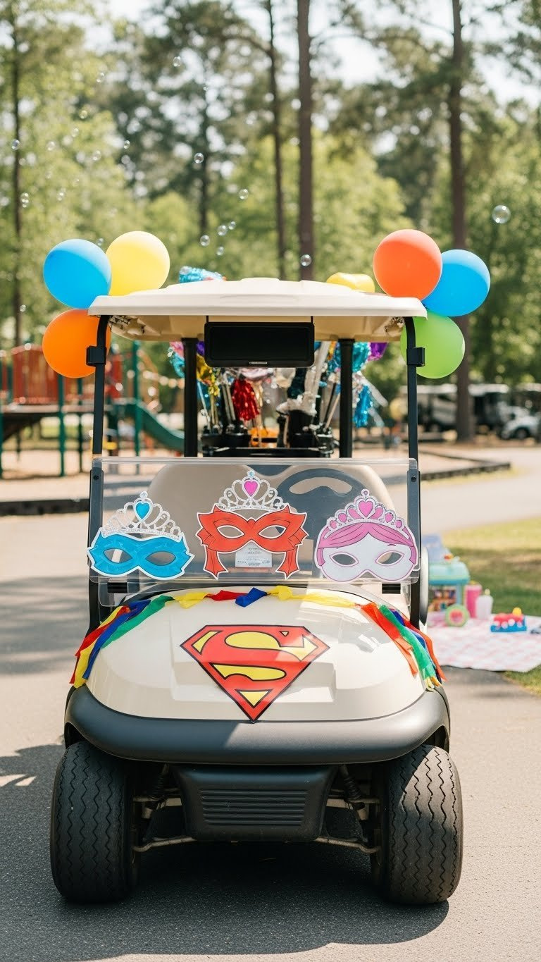 Superhero-Themed Kid-Friendly Golf Cart With Character Cutouts, Balloons, And Colorful Streamers In Paved Play Area