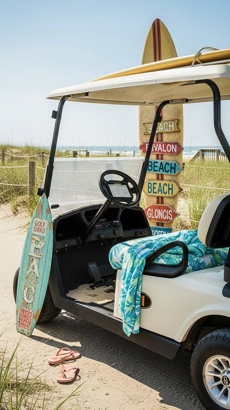 Surf Shack Styled Golf Cart With Mounted Surfboard And Tropical Fabric Seats On Beach Pathway
