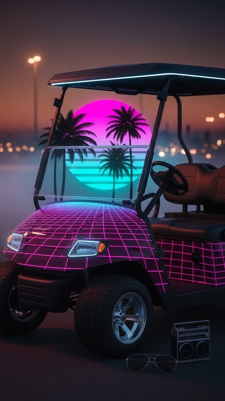 Synthwave Sunset Golf Cart Bathed In Pink And Teal Gradient With Palm Tree Silhouettes And Neon Lighting