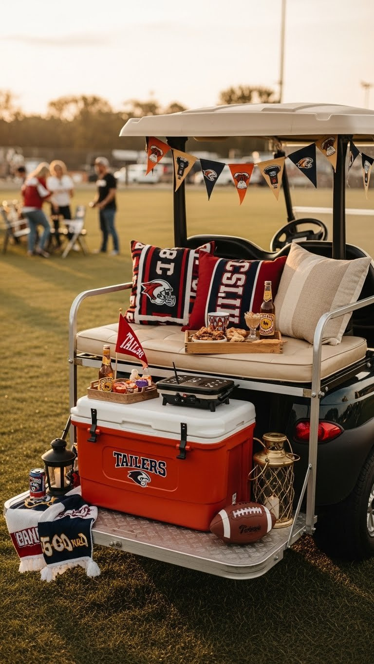Tailgate Oasis Golf Cart Setup With Team-Branded Cooler, Cushions, And Portable Grill In Golden Hour Parking Lot Setting.
