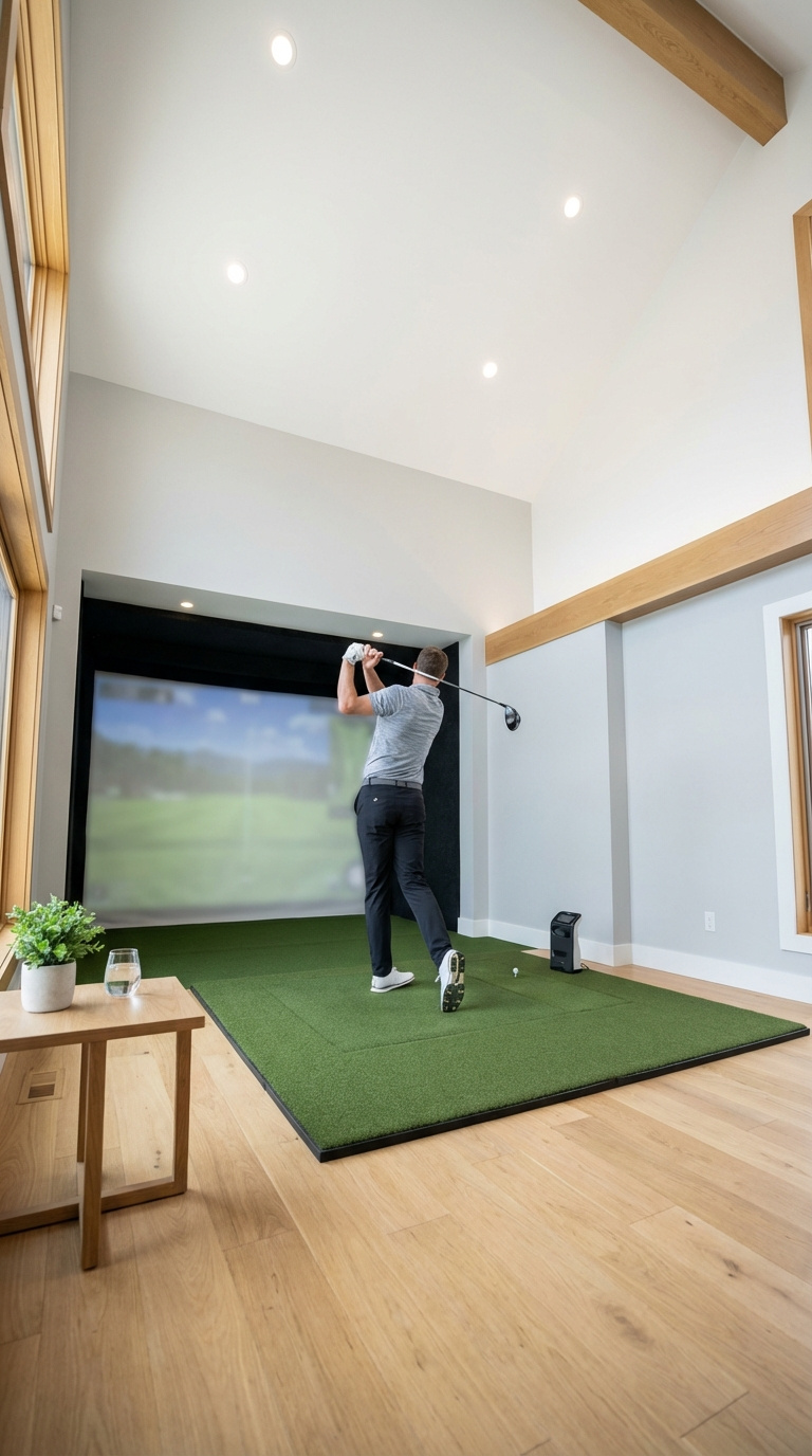 Golf Simulator Room Size Complete Guide For Home Setup Tall Male Golfer Executing Backswing With Driver In Spacious Home Golf Simulator Room With Vaulted Ceiling And Hardwood Floors.