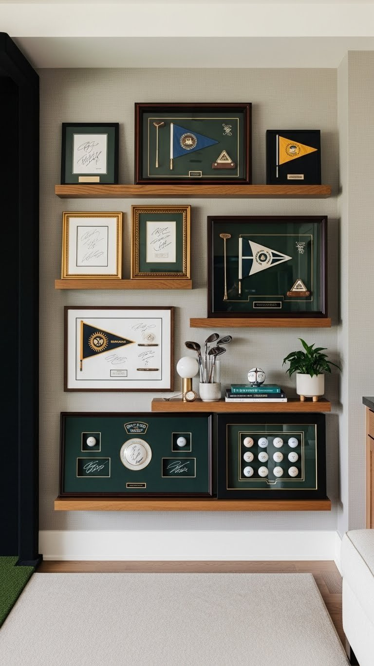 Tasteful Golf Memorabilia Display Wall In A Simulator Room, With Framed Autographs, Vintage Clubs, Flags, And Signed Balls.