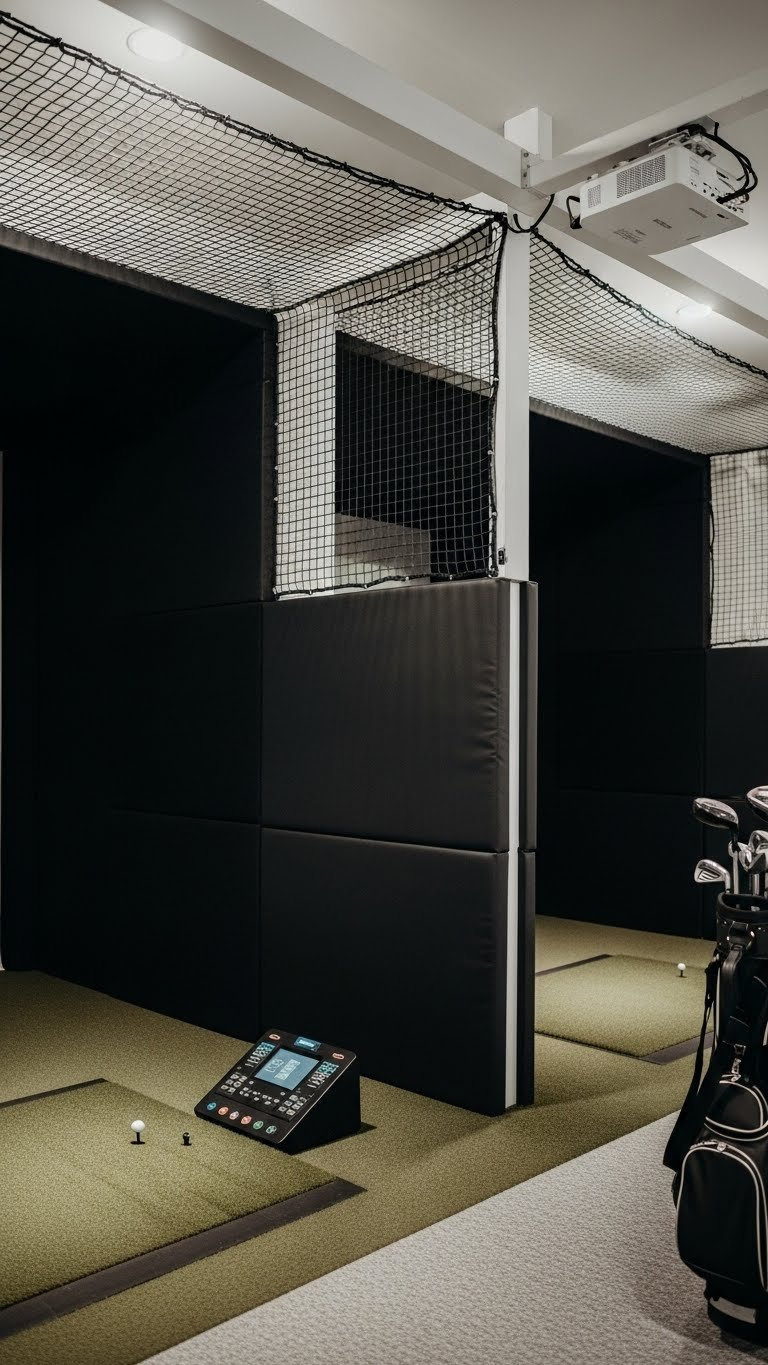 Taut Safety Netting And Protective Padding Installed On Ceiling And Walls In Professional Golf Simulator Room