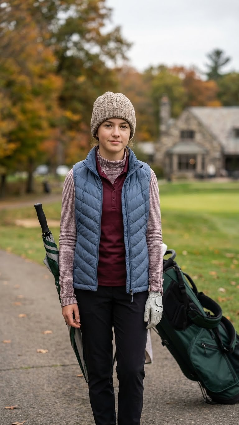 Teen Girl In Layered Thermal And Water-Resistant Cool-Weather Golf Outfit, With Beanie. Autumn Junior Golf Fashion.