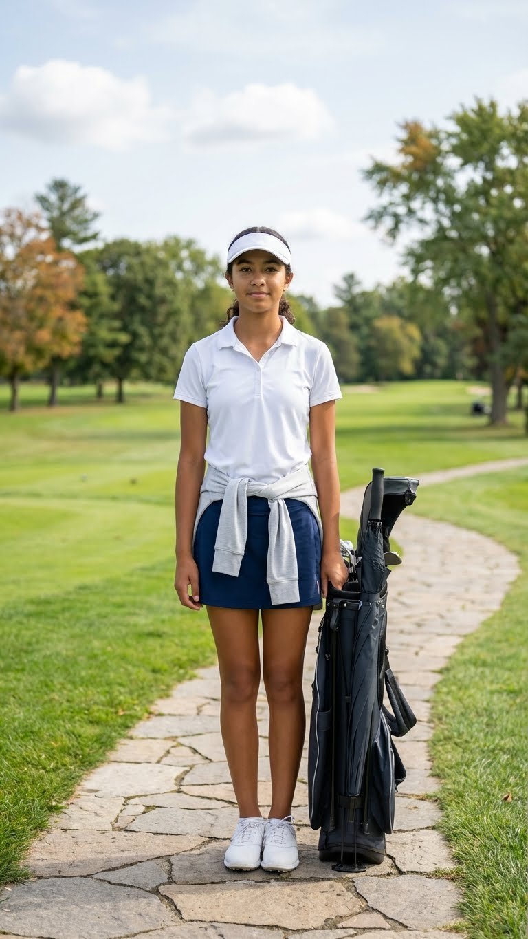 Teen Girl On Golf Course In Versatile White Polo, Navy Skort, Lightweight Quarter-Zip. All-Season Junior Golf Outfit.