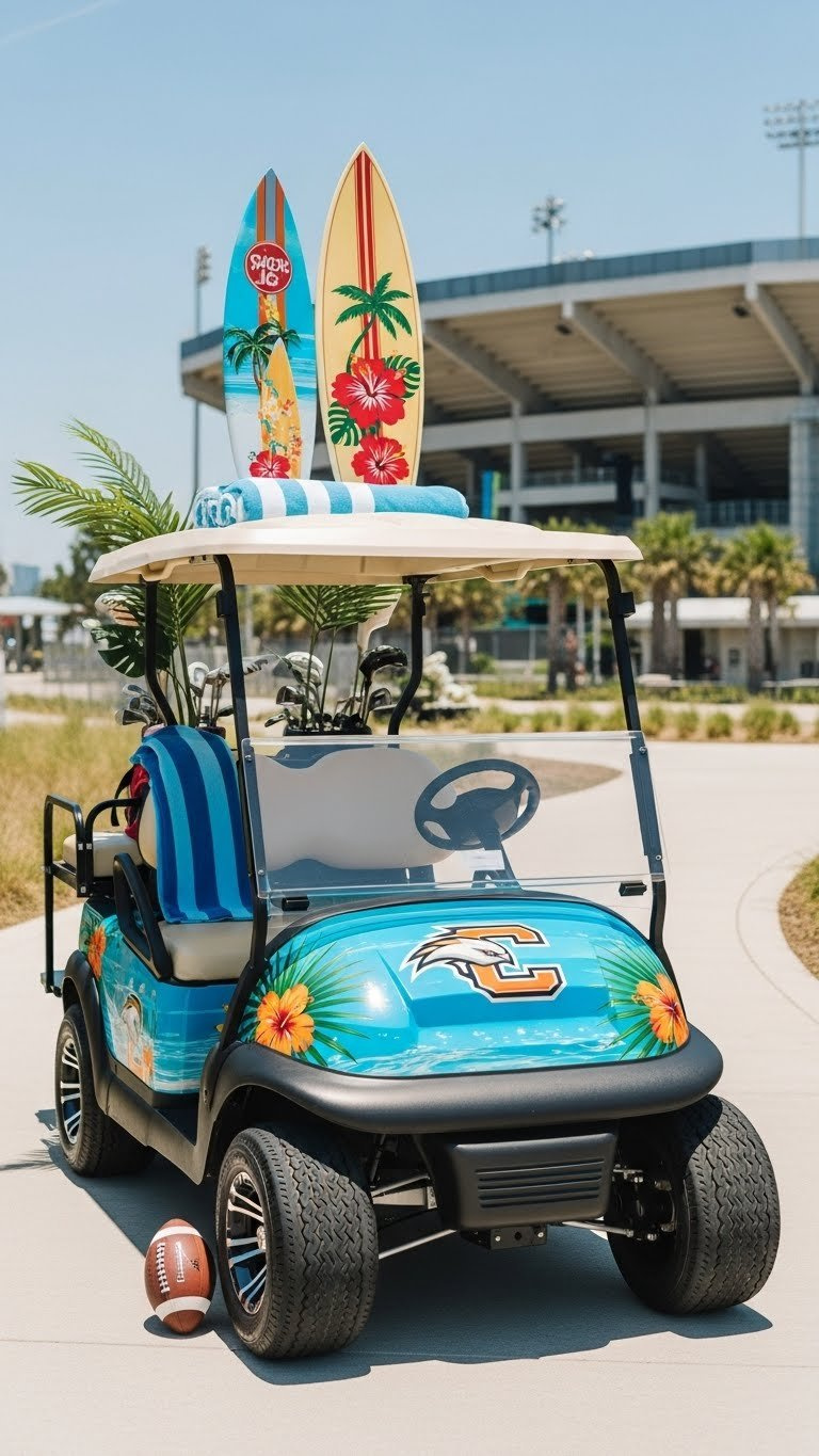 Themed Golf Cart Decorated With Vibrant Graphics And Custom Upholstery In Sunny Outdoor Setting