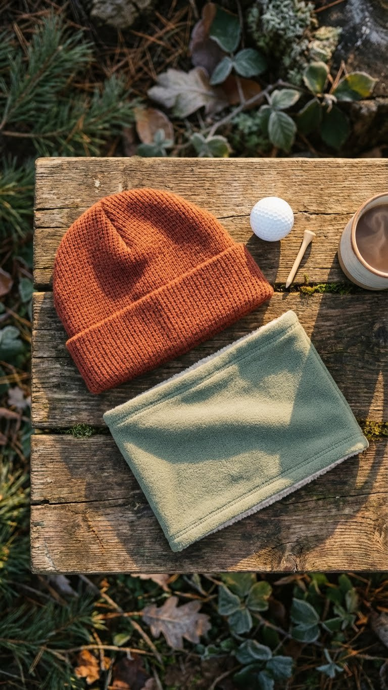 Thermal Golf Beanie, Fleece-Lined Neck Gaiter, And Golf Ball On Rustic Wooden Table. Terracotta And Sage Hues.
