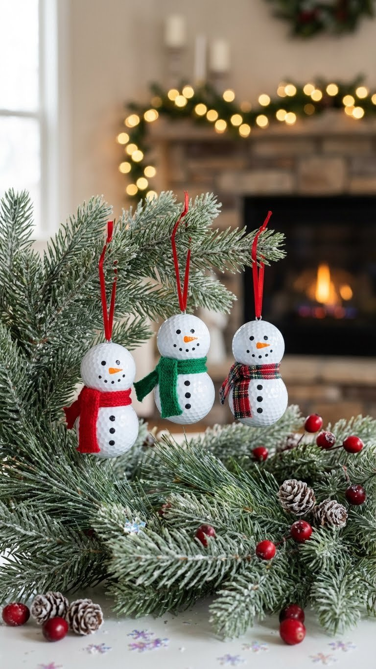 Three Charming Plastic Golf Ball Snowman Ornaments With Scarves, Hanging From An Evergreen Branch With Blurred Christmas Lights.