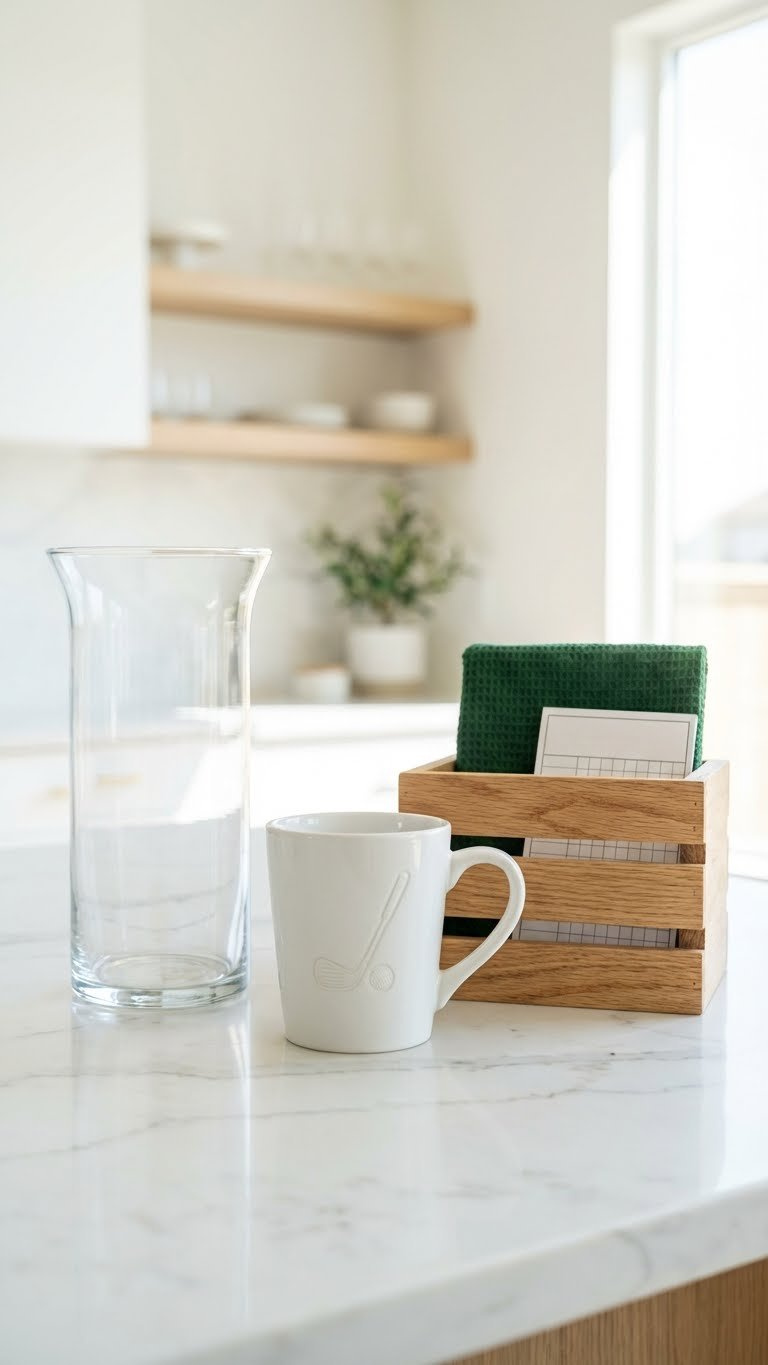 Three Empty Golf Ball Bouquet Containers: Glass Vase, Coffee Mug, And Golf Bag, With A Golf Towel On Marble Countertop.
