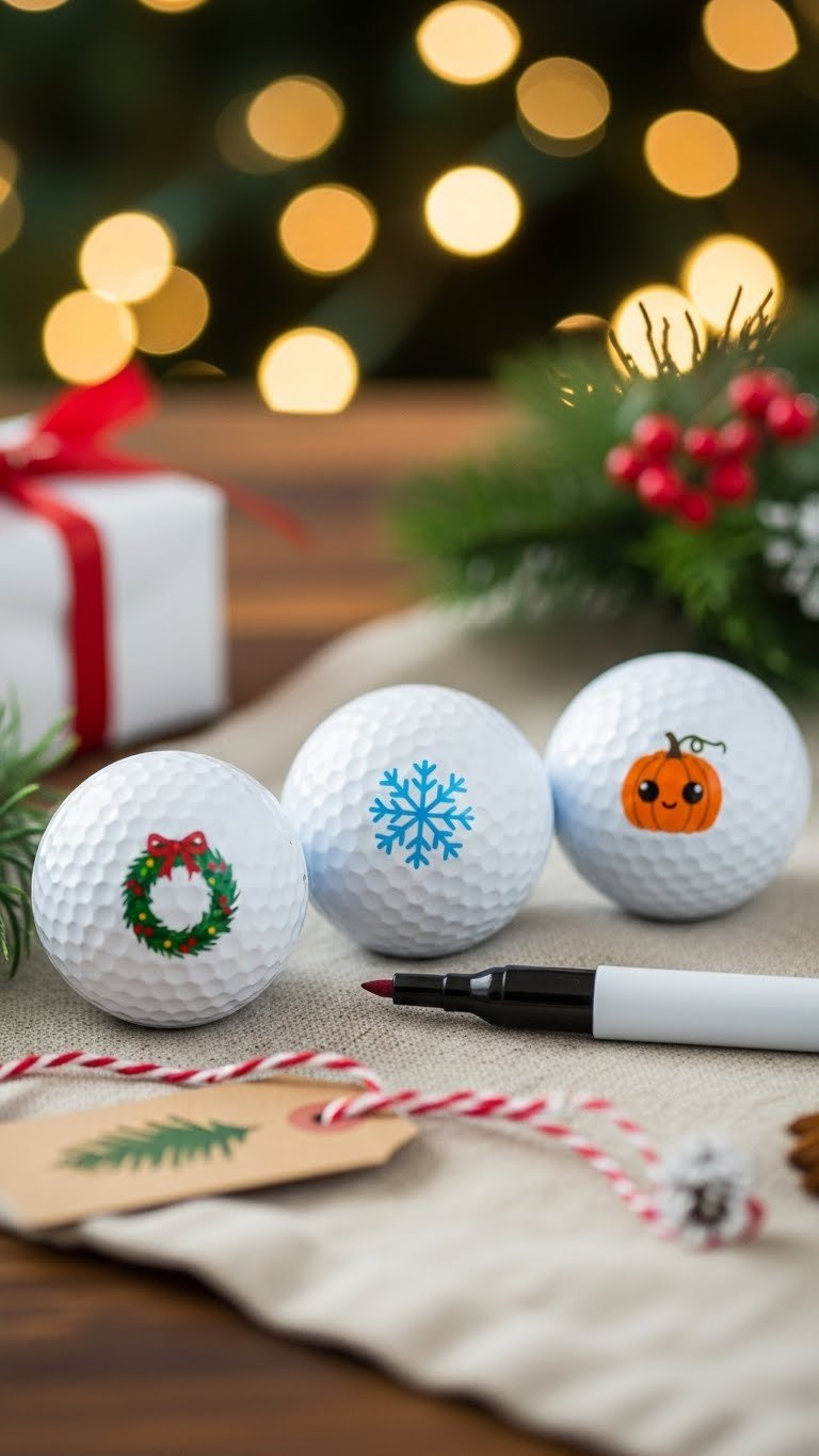 How To Draw A Golf Ball: 9 Creative Art &Amp; Marking Ideas Three Festive Holiday Golf Balls With Christmas Wreath, Snowflake, And Pumpkin Designs On Festive Linen Tablecloth