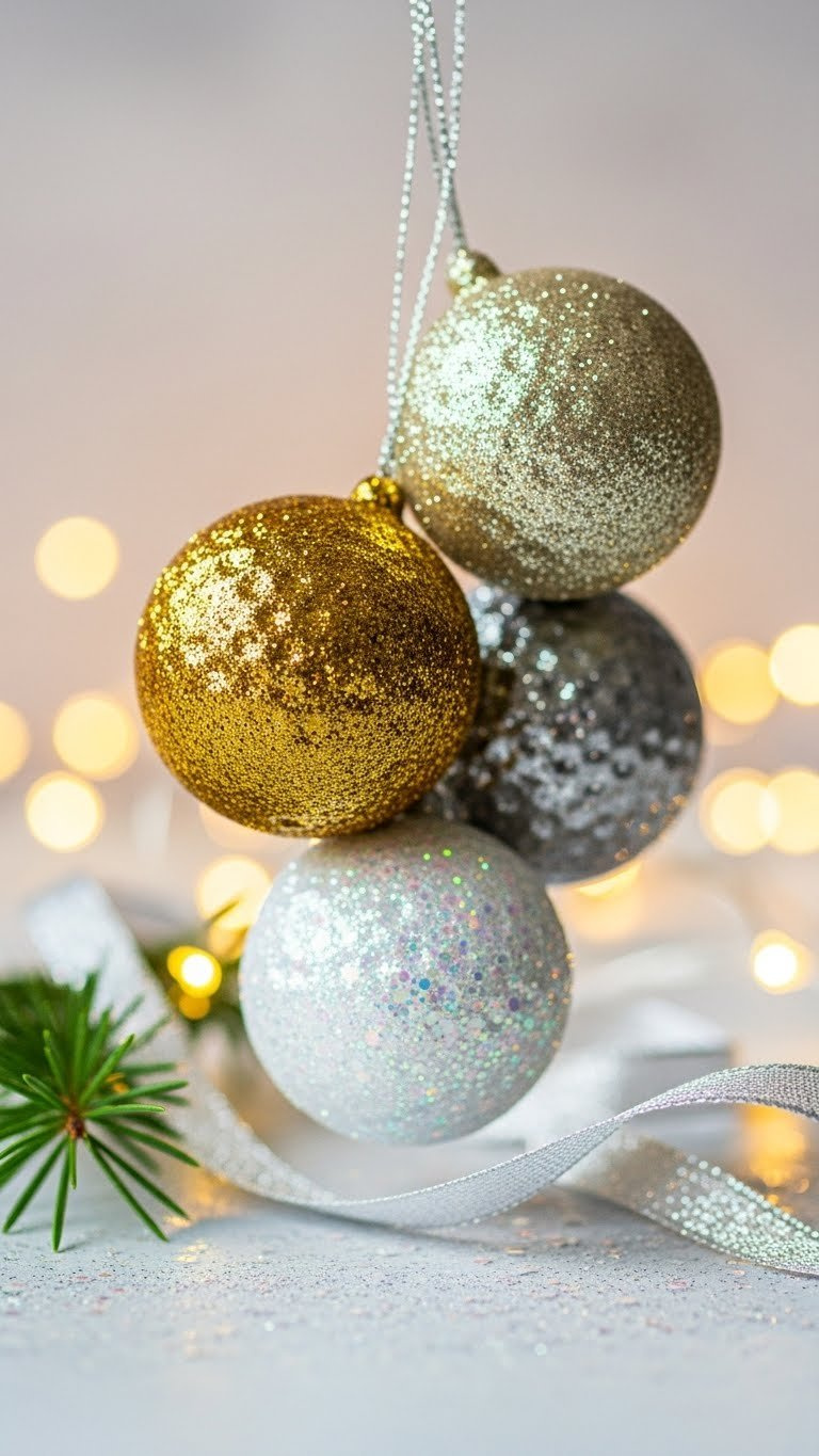 Three Glitter-Covered Golf Ball Ornaments In Gold, Silver And White Hanging From Festive Ribbon