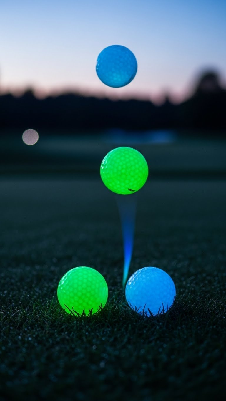Three Glow-In-The-Dark Golf Balls Emitting Green And Blue Light On Dewy Grass At Dusk