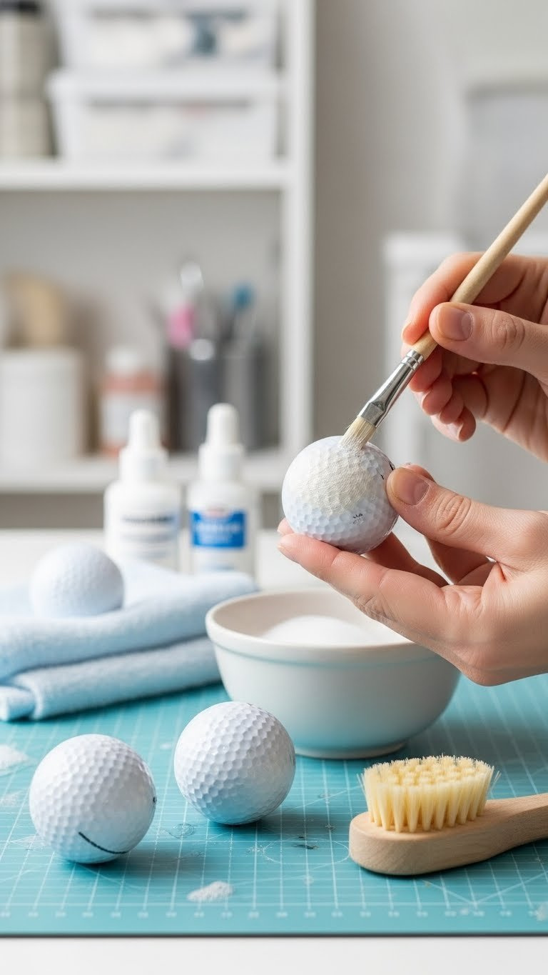 Three Golf Balls Being Cleaned And Primed With Small Brush On Craft Mat For Diy Ornament Crafting Project