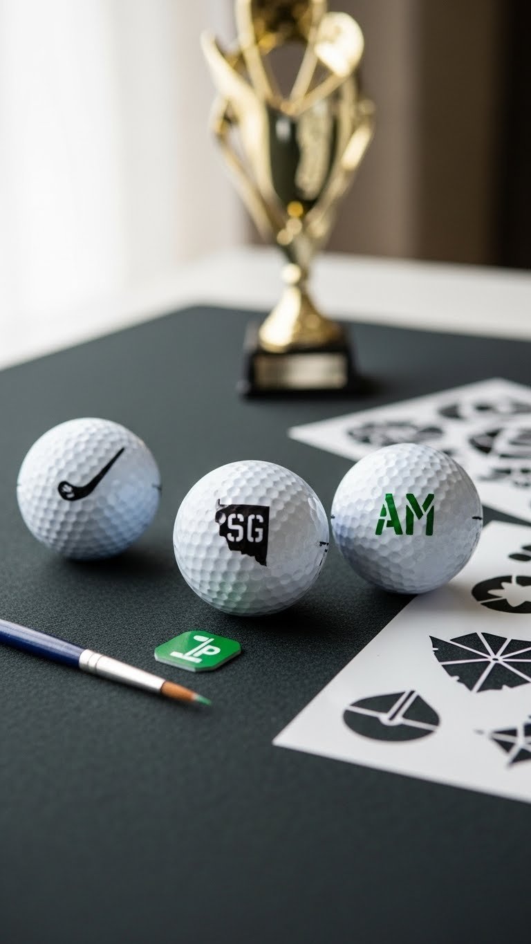 Three Golf Balls With Crisp Custom Stenciled Patterns In Contrasting Colors Arranged At 45-Degree Angle On Dark Textured Surface