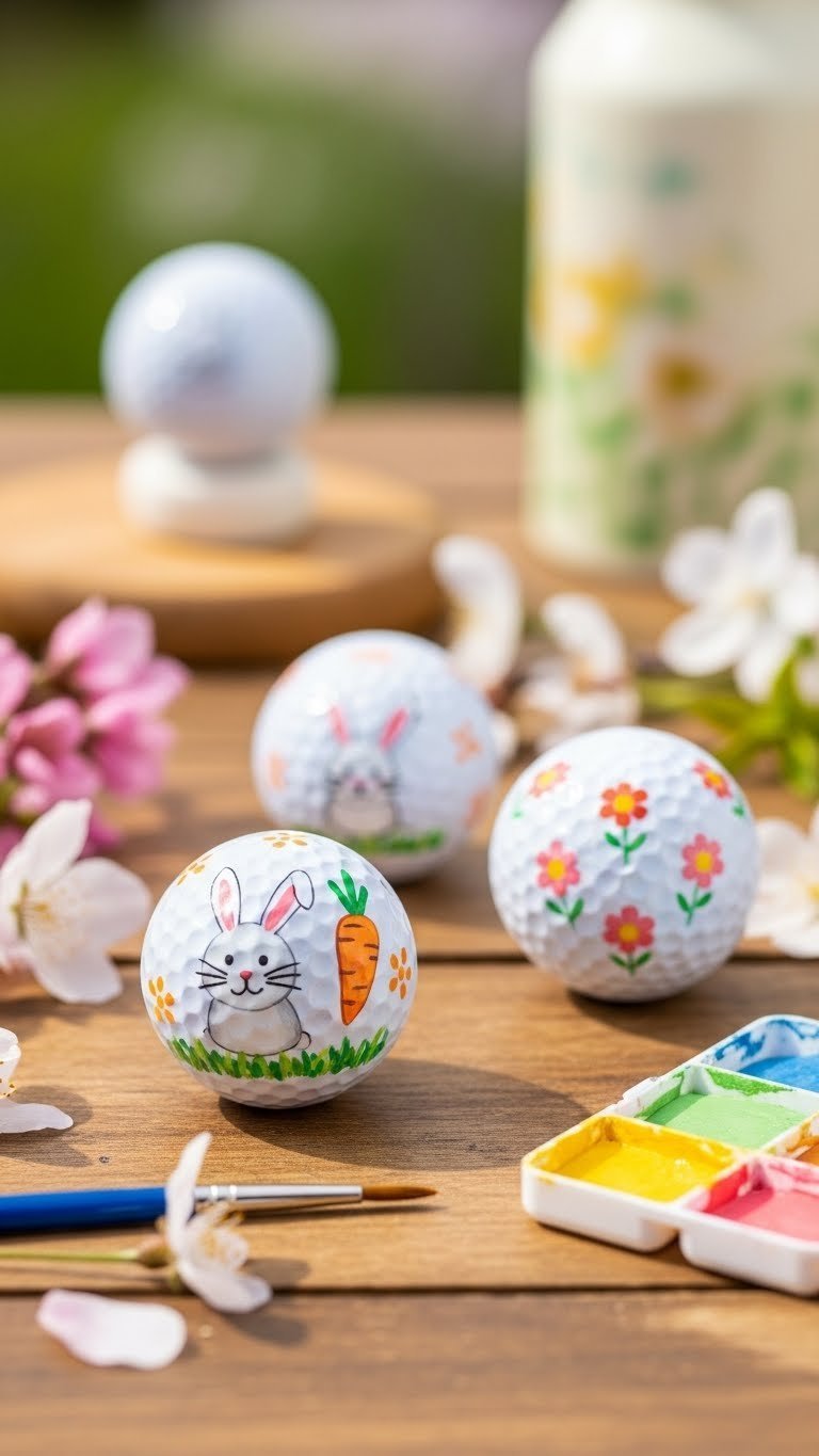 Three Hand-Painted Golf Ball Easter Eggs Decorated With Miniature Bunny, Carrot, And Floral Patterns In Vibrant Pastel Colors On Rustic Wooden Table