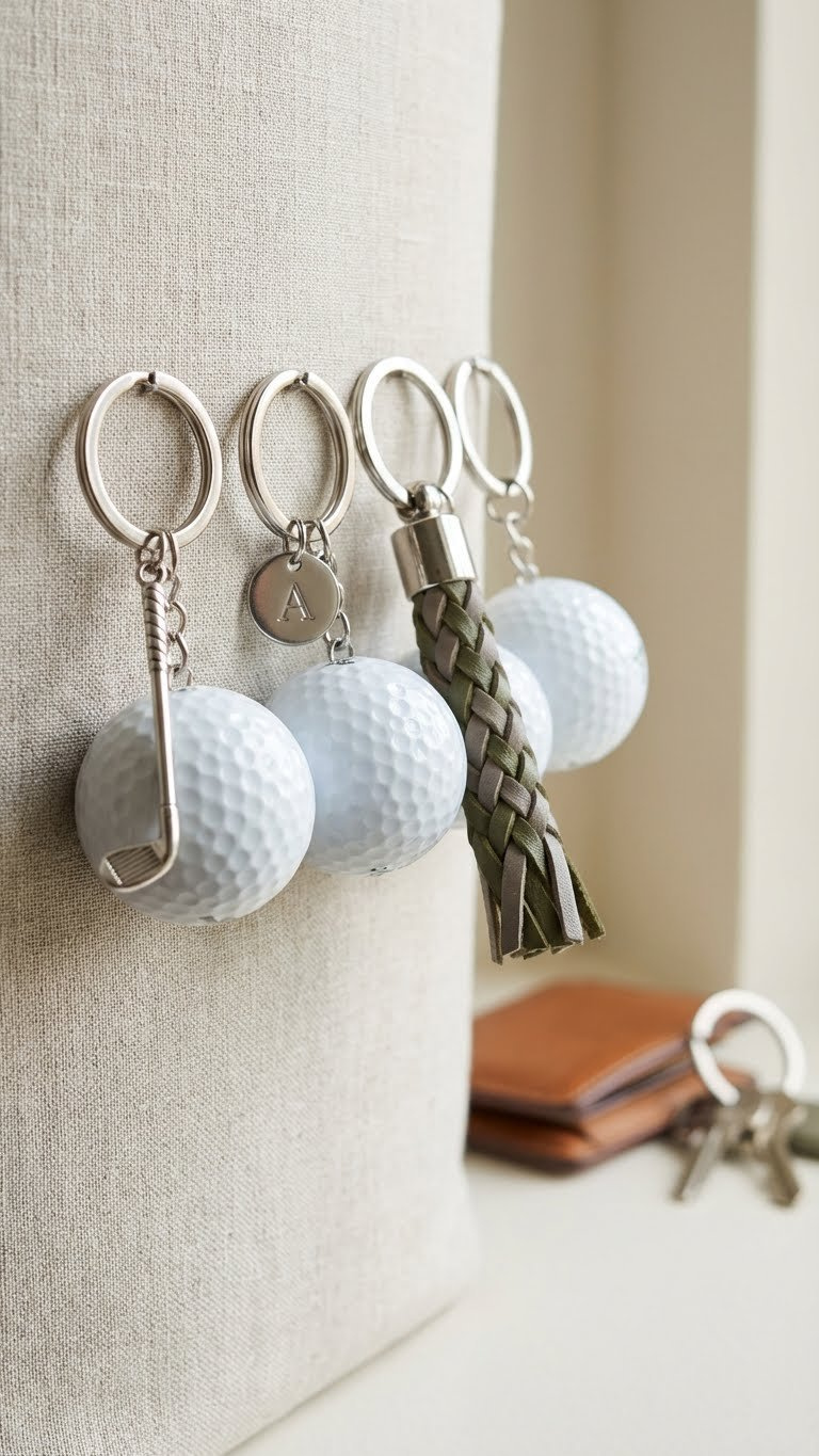 9 Proven Golf Ball Crafts For Dad: Essential Diy Gifts Three Handcrafted Golf Ball Keychains With Unique Embellishments Like Golf Club Charms Rest On A Textured Linen Surface.