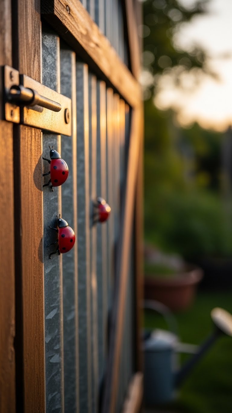 Three Magnetic Red Golf Ball Ladybugs Cling To A Textured Corrugated Metal Garden Shed Door Under Warm Golden Light, Adding Rustic Garden Charm.