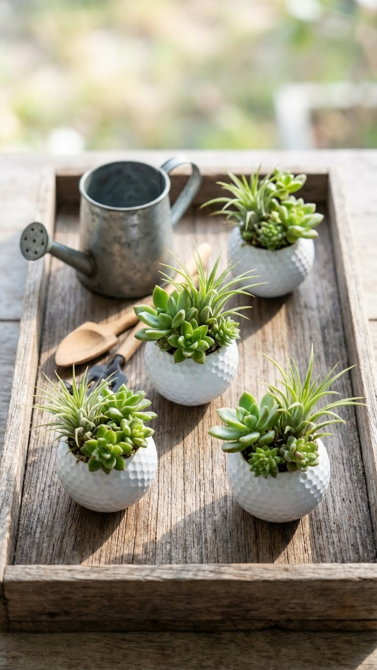 9 Proven Golf Ball Crafts For Dad: Essential Diy Gifts Three Miniature Golf Ball Planters, Each Holding A Vibrant Succulent, Are Arranged On A Rustic Wooden Tray.