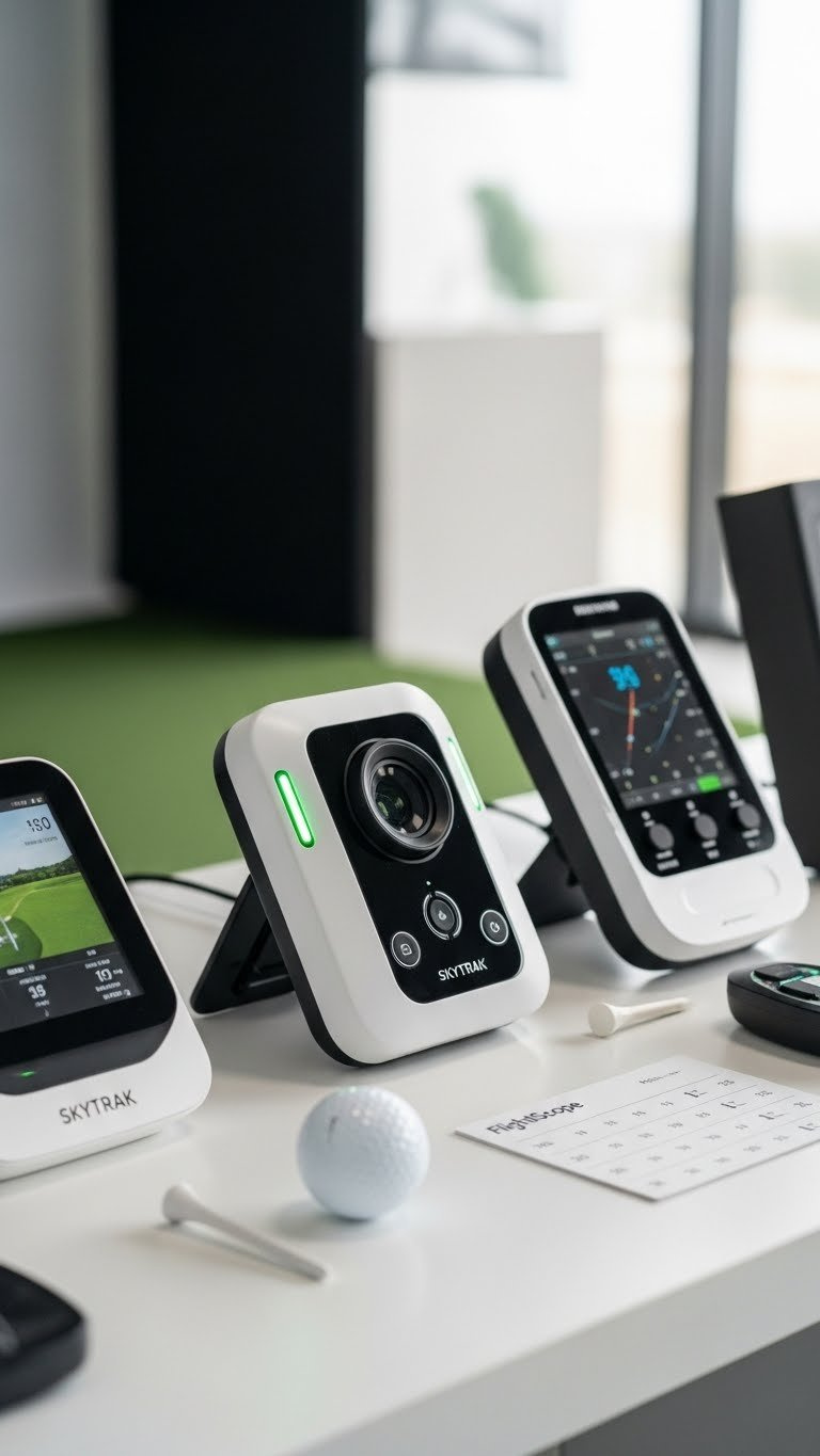 Three Modern Golf Launch Monitors, Such As Skytrak, Are Displayed On A Sleek Surface With A Golf Ball For Home Golf Simulator Setups.