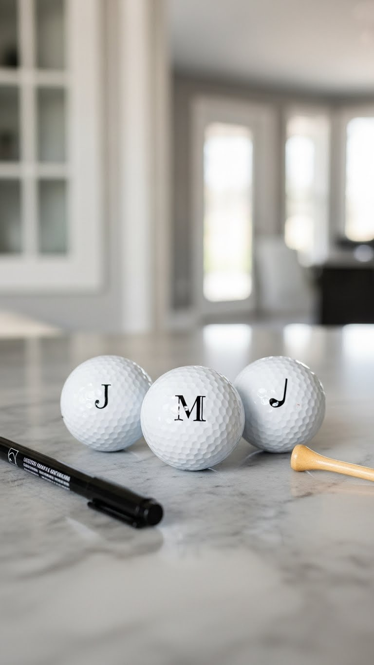 Three Personalized Golf Balls With Custom Monochrome Initials And Golf Club Icon Designs On Grey Marble Countertop