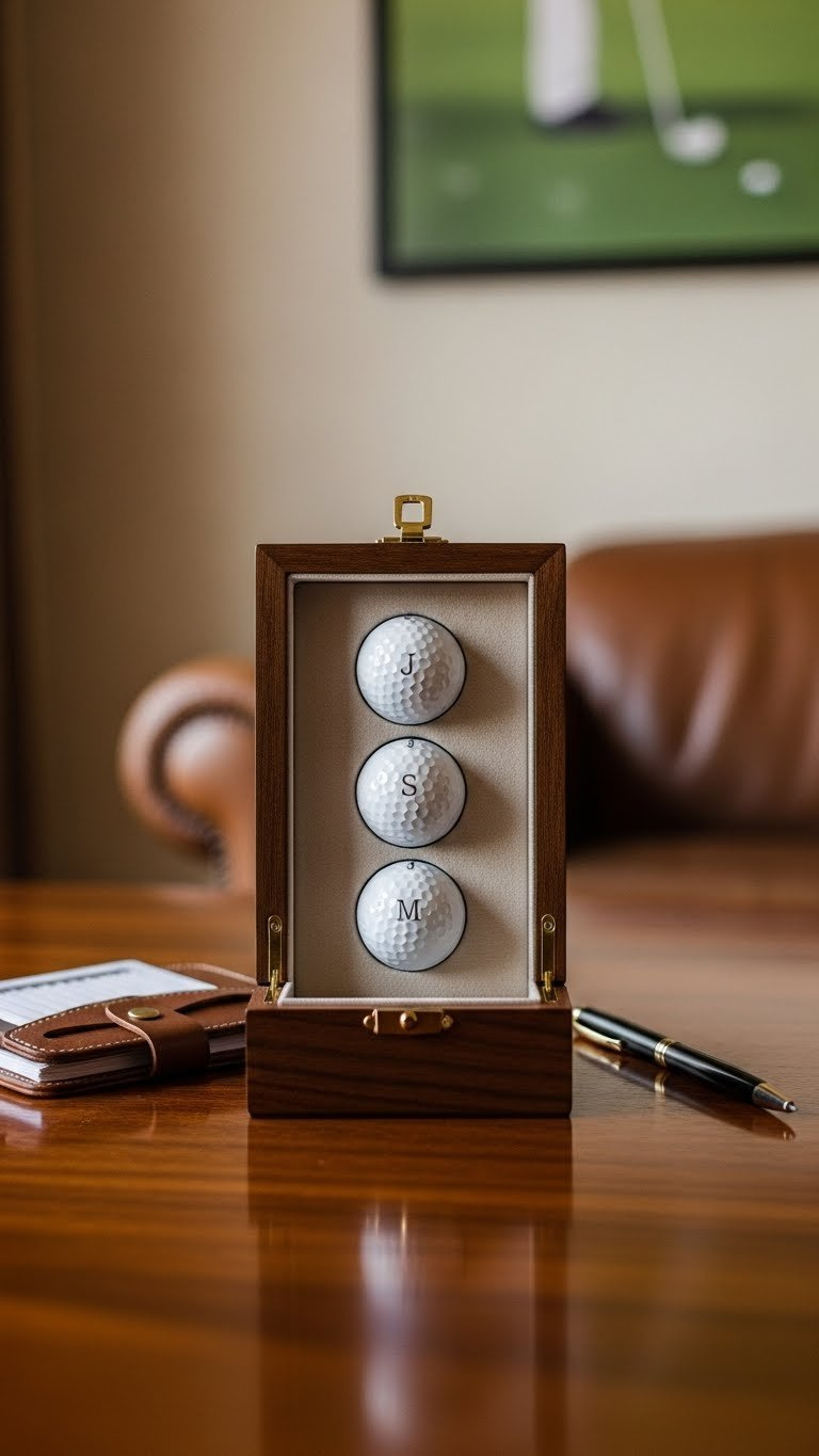 Three Personalized Matte White Golf Balls With Silver Initials Arranged In A Dark Wooden Gift Box For Elegant Gifting