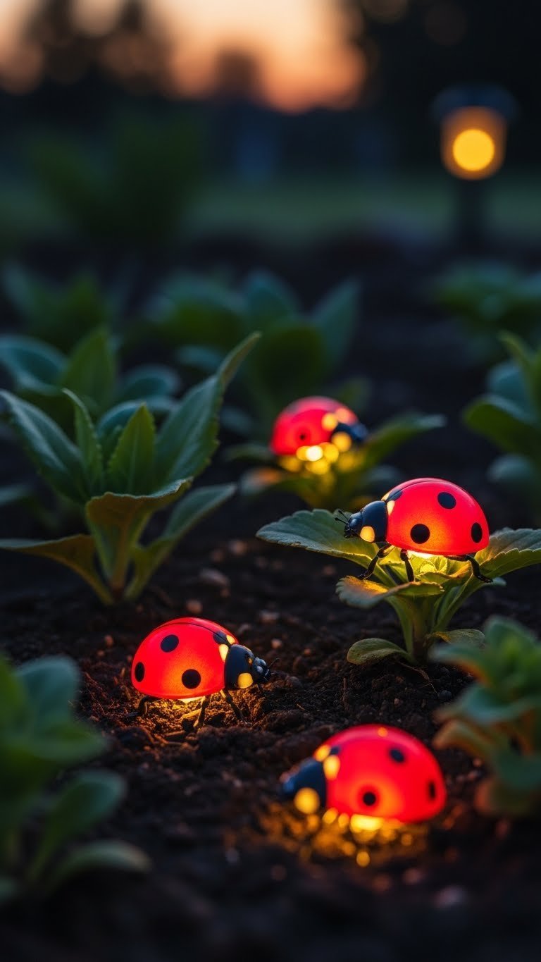Three Solar-Powered Golf Ball Ladybugs Glow Softly Among Green Foliage In A Serene Evening Garden, Adding Magical Ambiance.