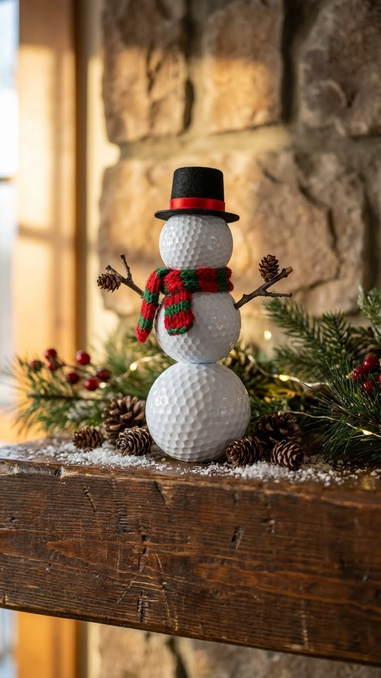 11 Easy Golf Ball Snowman Crafts For Stunning Holiday Decor Three-Stacked Golf Ball Snowman Centerpiece With A Top Hat, Twig Arms, And Knit Scarf On A Rustic Mantelpiece With Holiday Greenery.