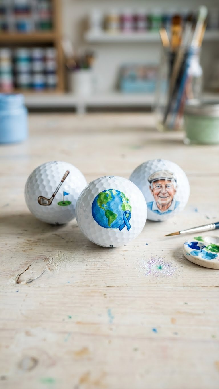 9 Proven Golf Ball Crafts For Dad: Essential Diy Gifts Three Vibrant Custom Hand-Painted Golf Balls With Sentimental Designs, Perfect For Personalized Golf Gifts, Sit On A Wooden Table.