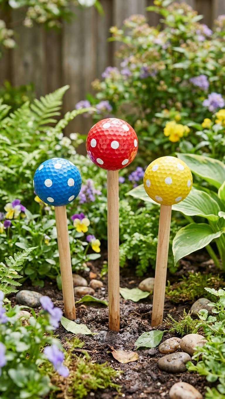 Three Vibrant Plastic Golf Ball Mushroom Garden Stakes With Polka Dots, In Red, Blue, Yellow, Amidst Lush Garden Foliage.