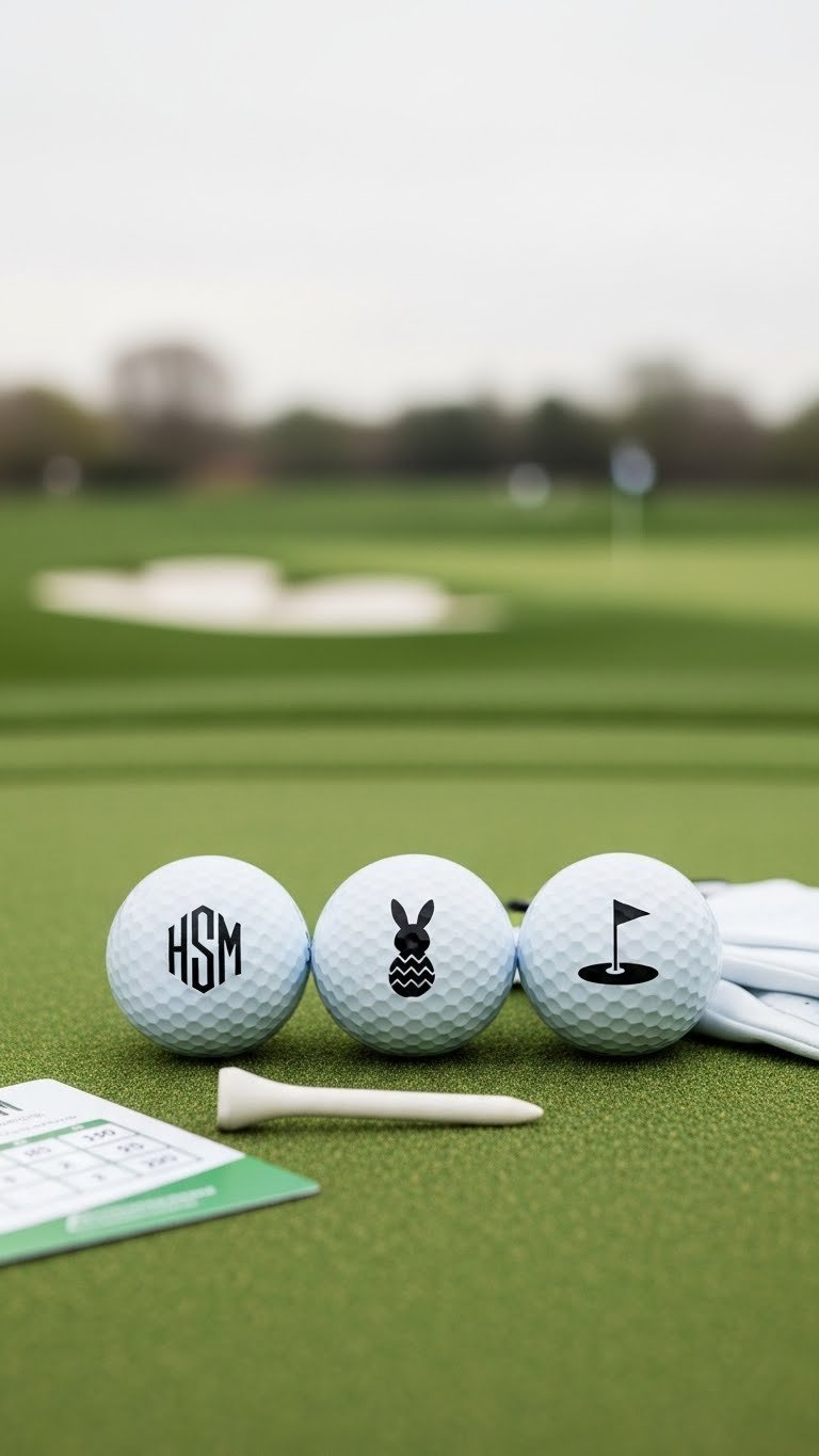Three White Golf Balls Featuring Custom Vinyl Decals Including Monogram, Easter Bunny Silhouette, And Golf Flag Icon On Putting Green