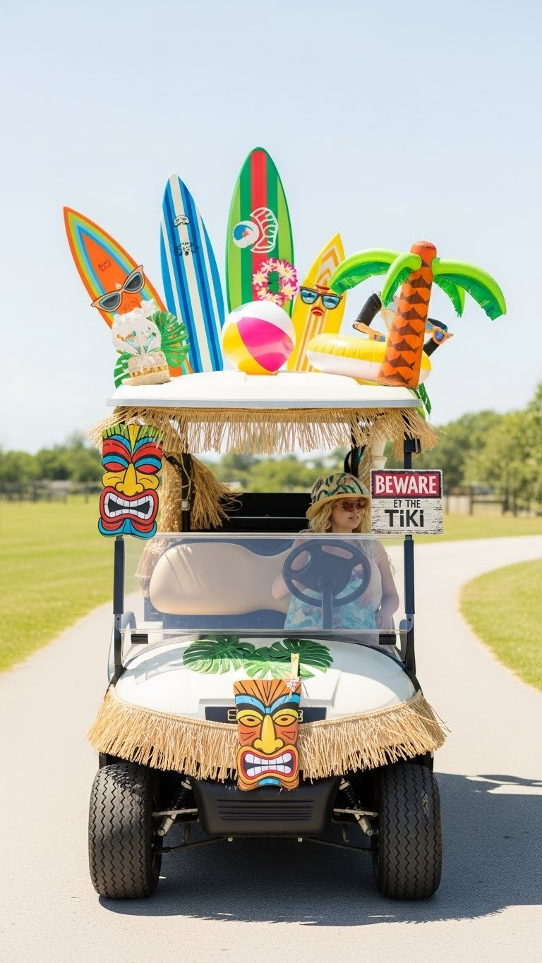 Tiki Golf Cart Adorned With Playful Tropical Props Including Surfboard Cutouts And Tiki Mask Decorations