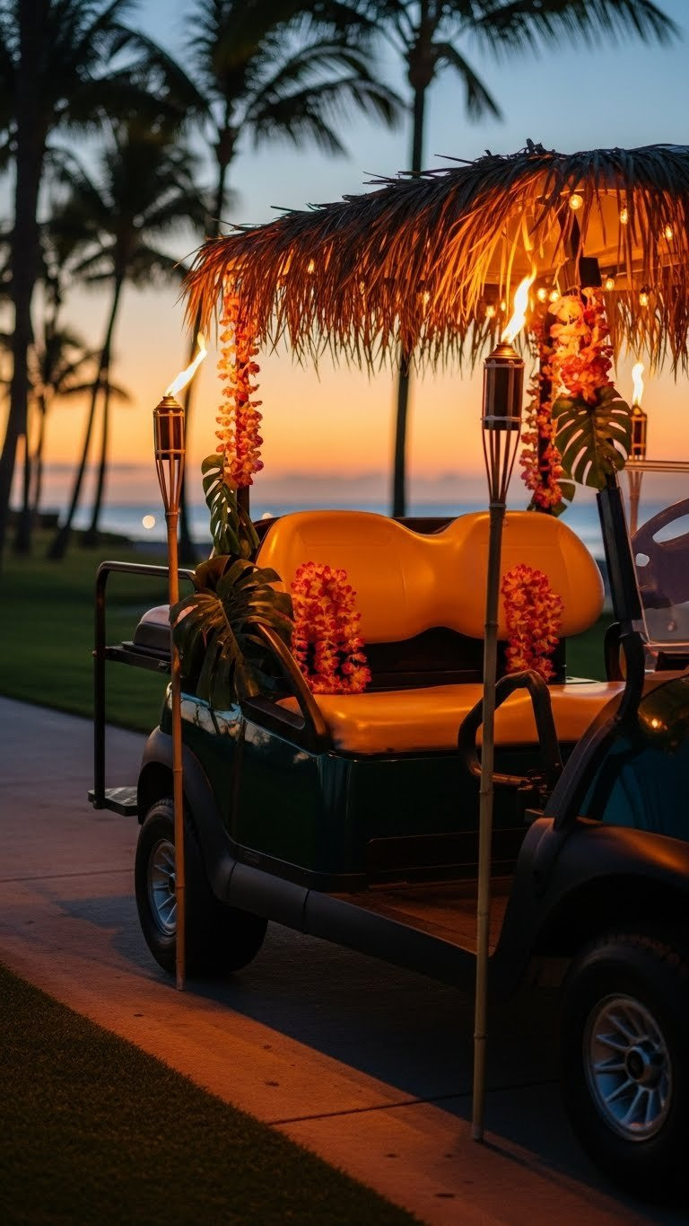 Tiki Golf Cart Illuminated With Warm String Lights And Tiki Torches At Dusk With Palm Tree Backdrop