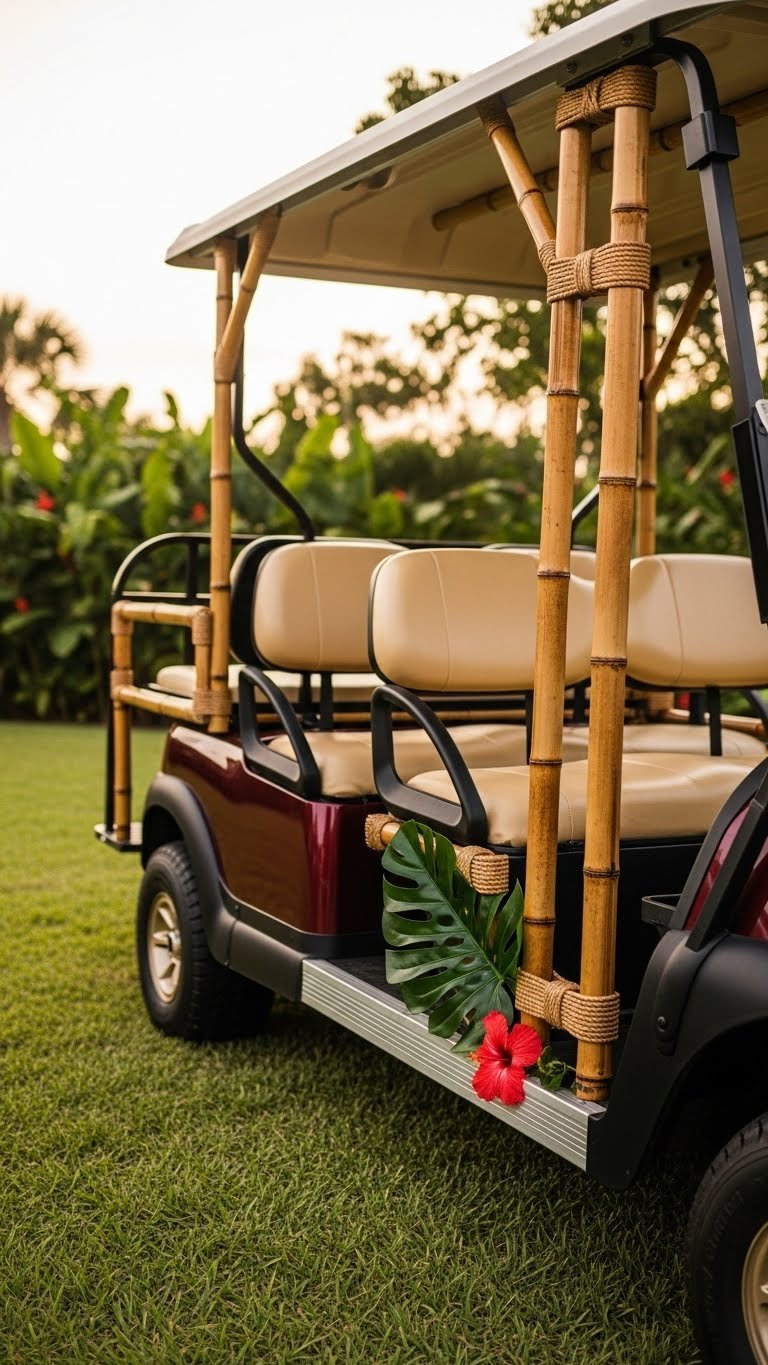 Tiki Golf Cart With Decorative Bamboo Accents And Tropical Hibiscus Flowers Against A Grassy Lawn Backdrop