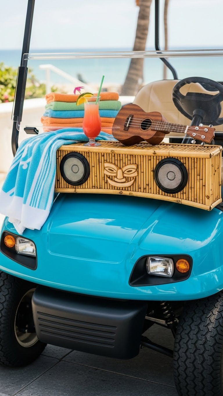 Tiki Golf Cart With Integrated Sound System Playing Tropical Music Near Beach Or Poolside Setting