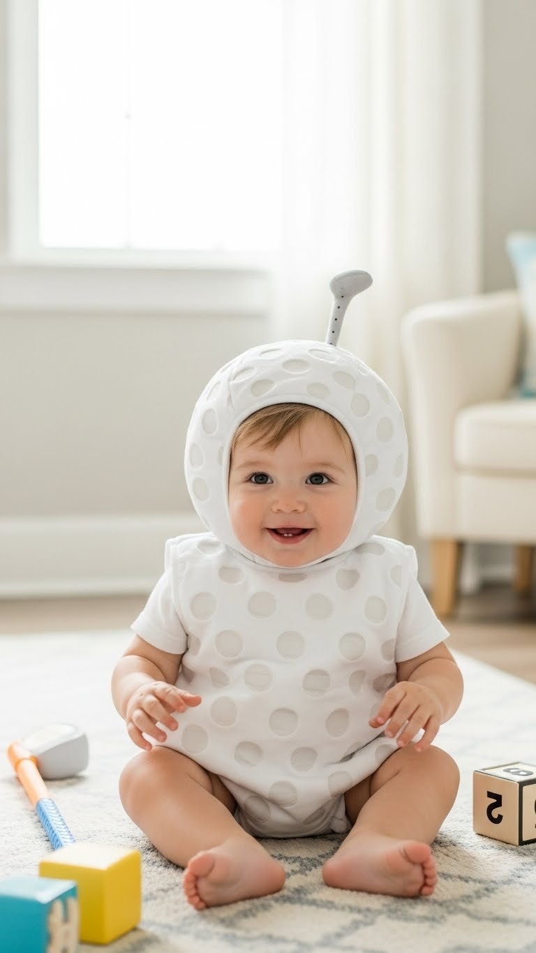 Toddler Wearing Soft Plush Golf Ball Costume Happily Playing On Play Mat In Sunlit Playroom