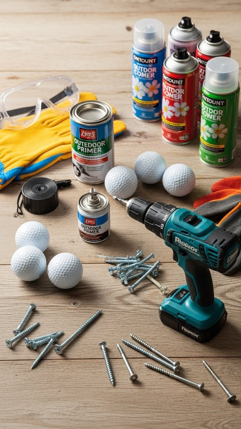 Top-Down Flat Lay Of Diy Golf Ball Flower Supplies Including White Golf Balls, Metal Screws, Power Drill, And Outdoor Spray Paint Cans On Rustic Wooden Table