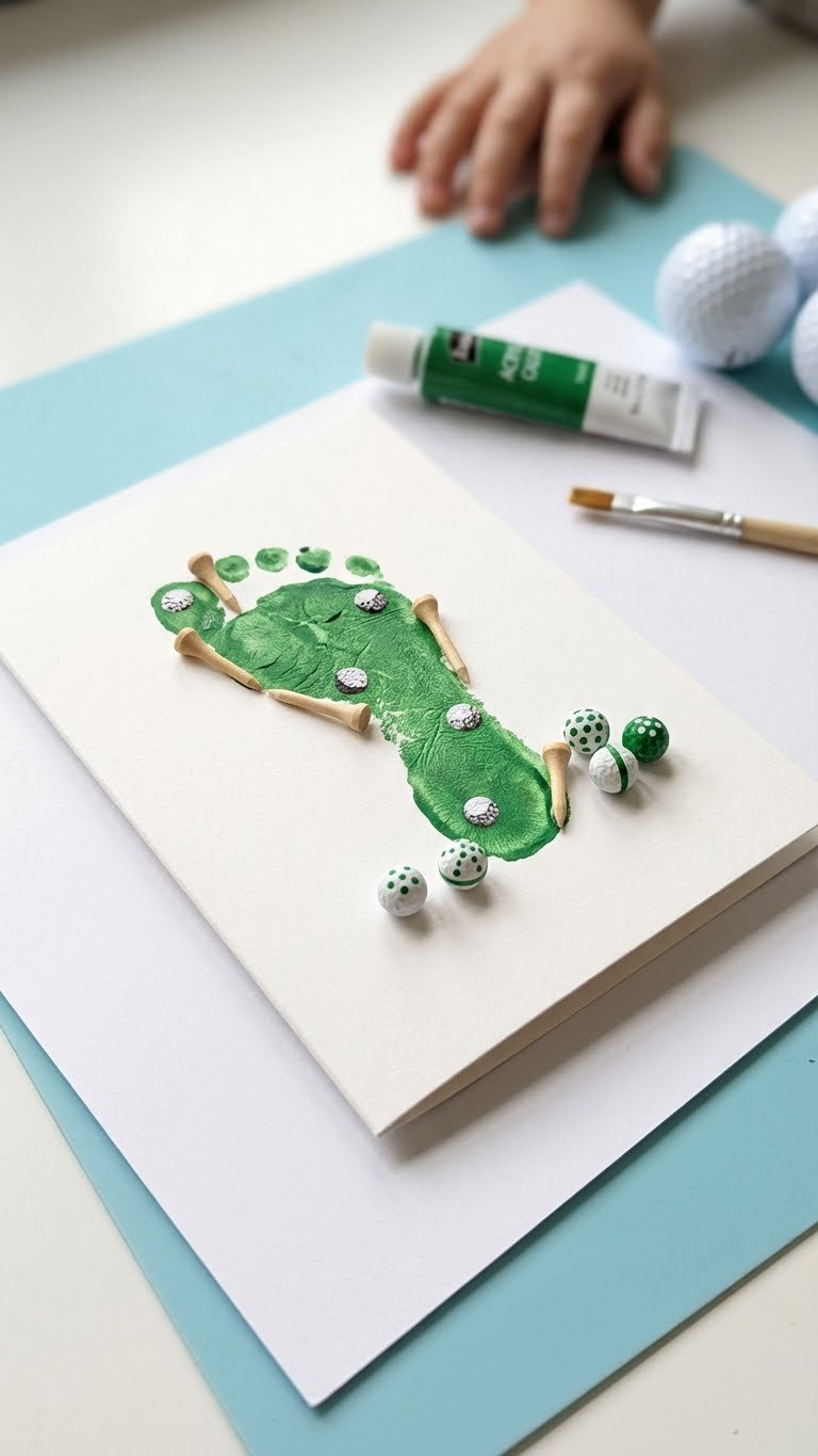 Golf Ball Crafts For Father'S Day: Ultimate Kid-Made Gifts Top-Down Flat Lay Of A Child'S Green Footprint Art Adorned With Painted Golf Balls And Miniature Tees On White Paper.